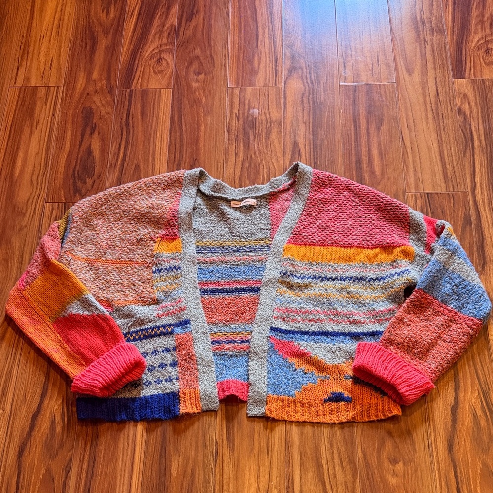 moon & madison Multicolor Open-Front Knit Cardigan with Coral and Blue Accents